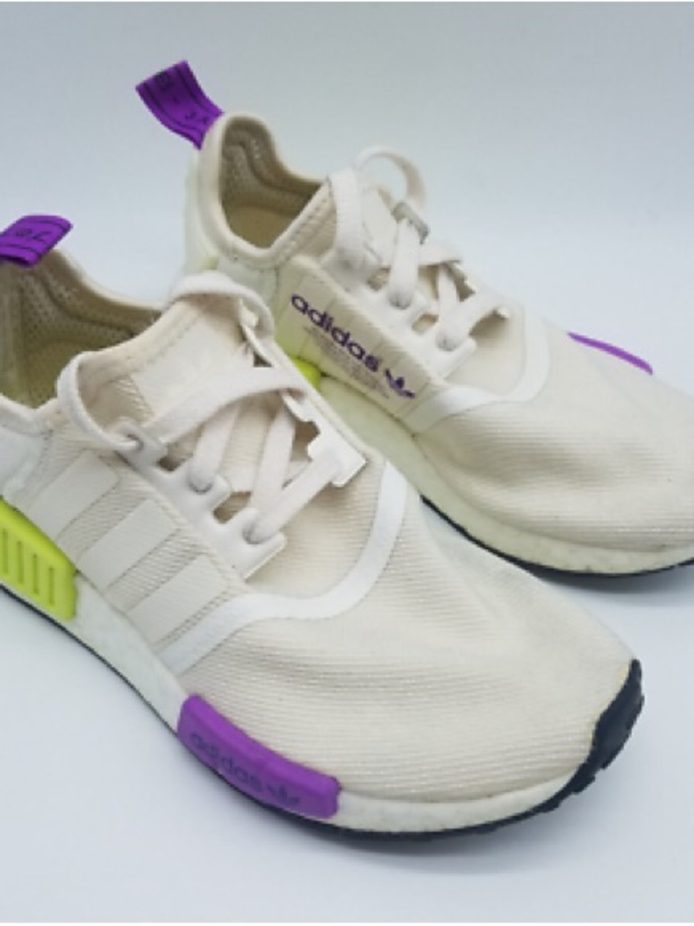 adidas NMD Cream Sneakers with Purple and Neon Green Accents